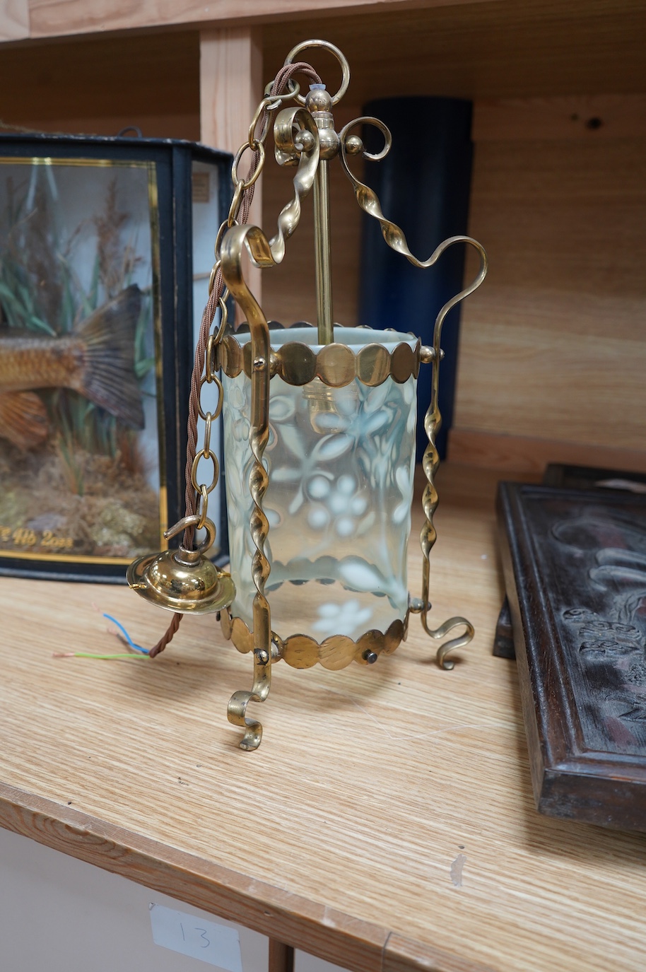 An English Arts and Crafts brass lantern with Vaseline cylinder shade decorated with flowers, including chain and ceiling rose, c.1900-1920's, wired, lantern 37cm high, shade 18cm high, 11.5cm diameter. Condition - fair